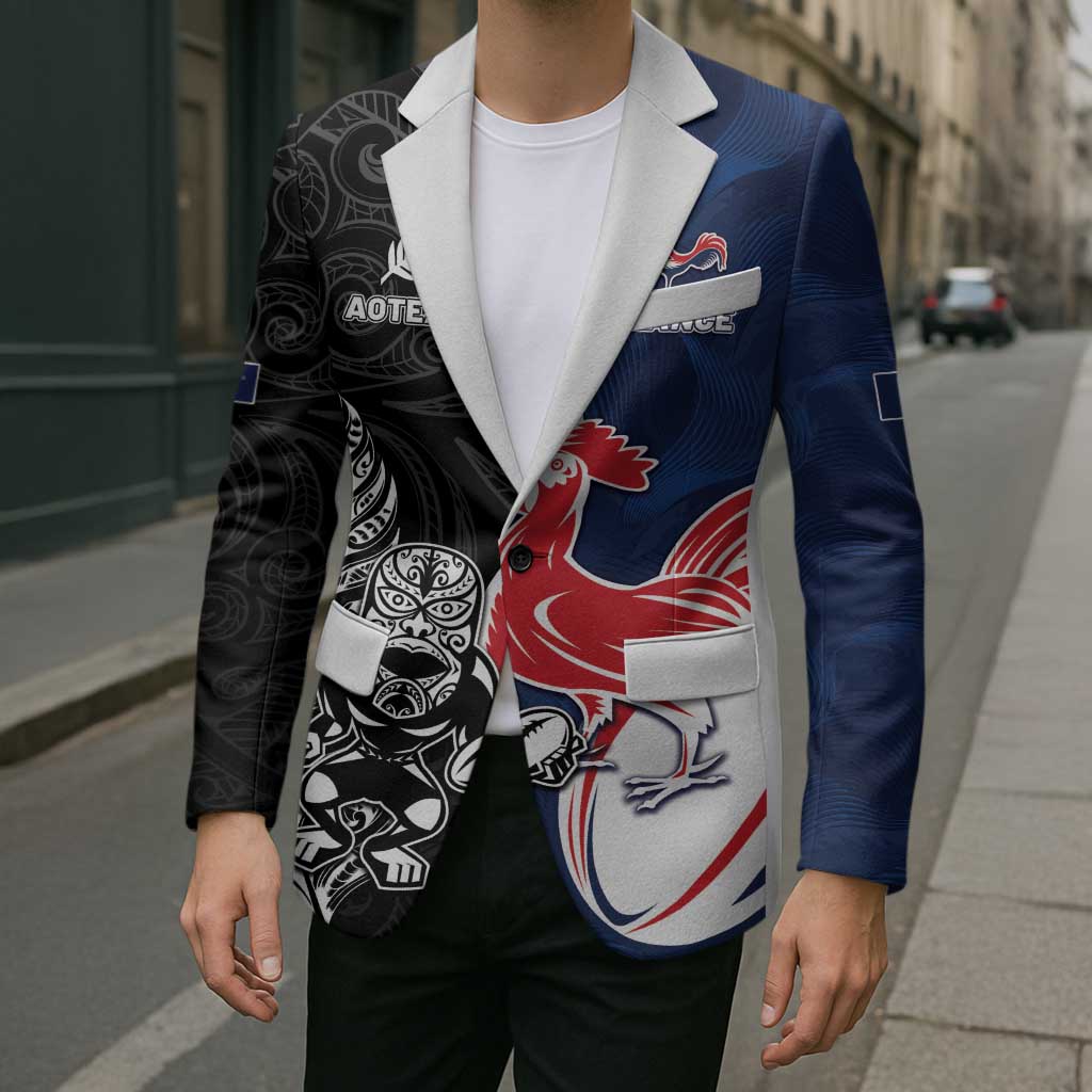 France And New Zealand Rugby Custom Blazer Les Bleus Rooster With Maori Tiki - Polynesian Pride