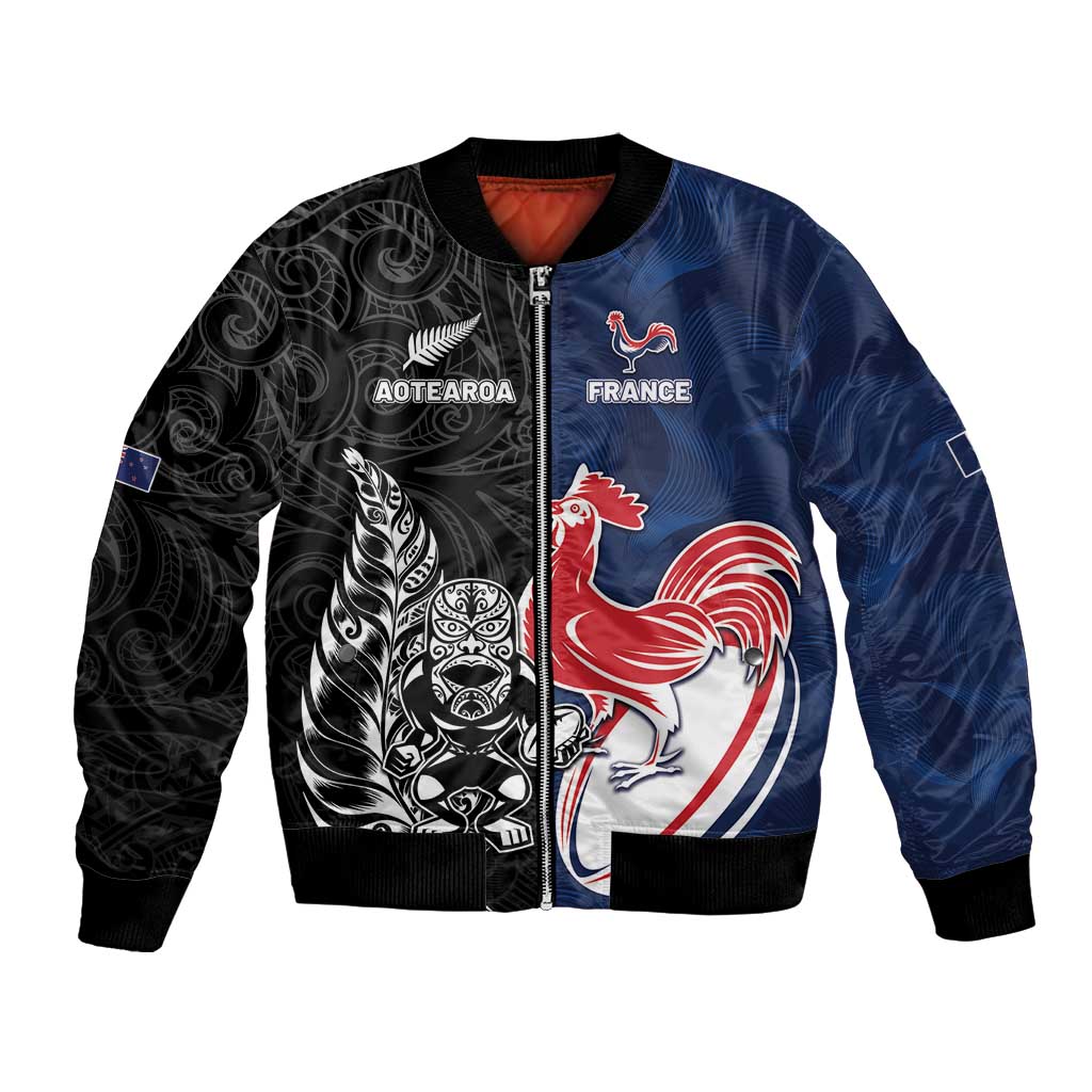 France And New Zealand Rugby Custom Bomber Jacket Les Bleus Rooster With Maori Tiki LT05 Unisex Black - Polynesian Pride