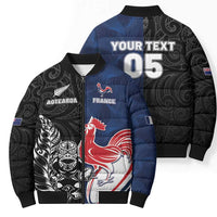 France And New Zealand Rugby Custom Bomber Puffer Jacket Les Bleus Rooster With Maori Tiki - Polynesian Pride