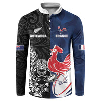 France And New Zealand Rugby Custom Button Sweatshirt Les Bleus Rooster With Maori Tiki - Polynesian Pride