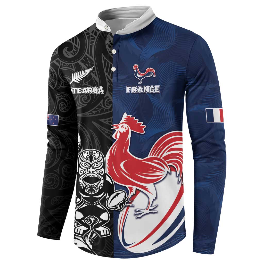 France And New Zealand Rugby Custom Button Sweatshirt Les Bleus Rooster With Maori Tiki - Polynesian Pride