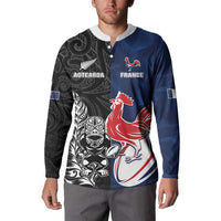 France And New Zealand Rugby Custom Button Sweatshirt Les Bleus Rooster With Maori Tiki - Polynesian Pride