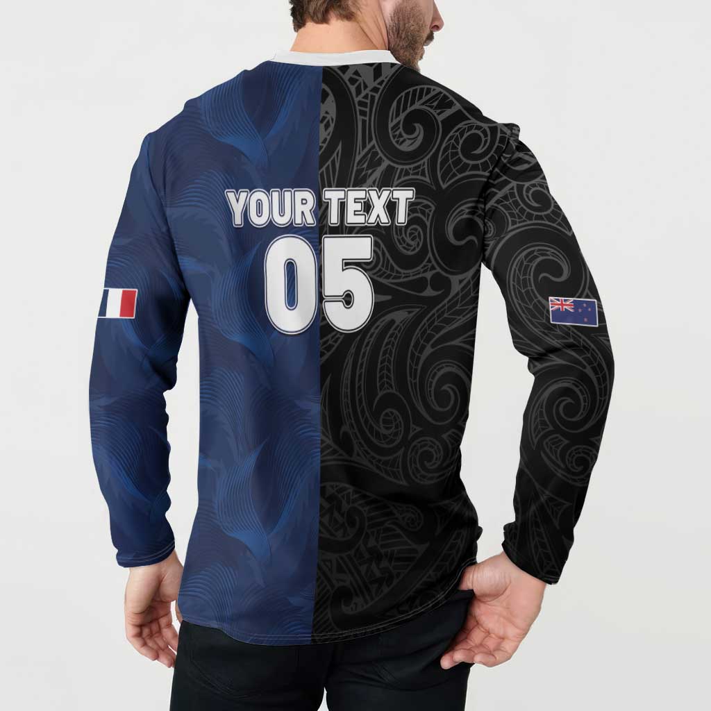 France And New Zealand Rugby Custom Button Sweatshirt Les Bleus Rooster With Maori Tiki - Polynesian Pride
