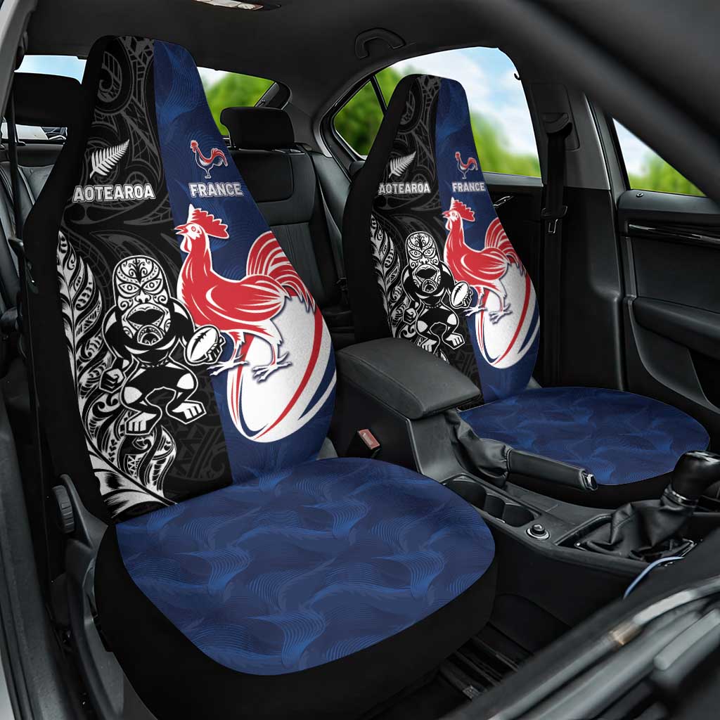 France And New Zealand Rugby Car Seat Cover Les Bleus Rooster With Maori Tiki - Polynesian Pride