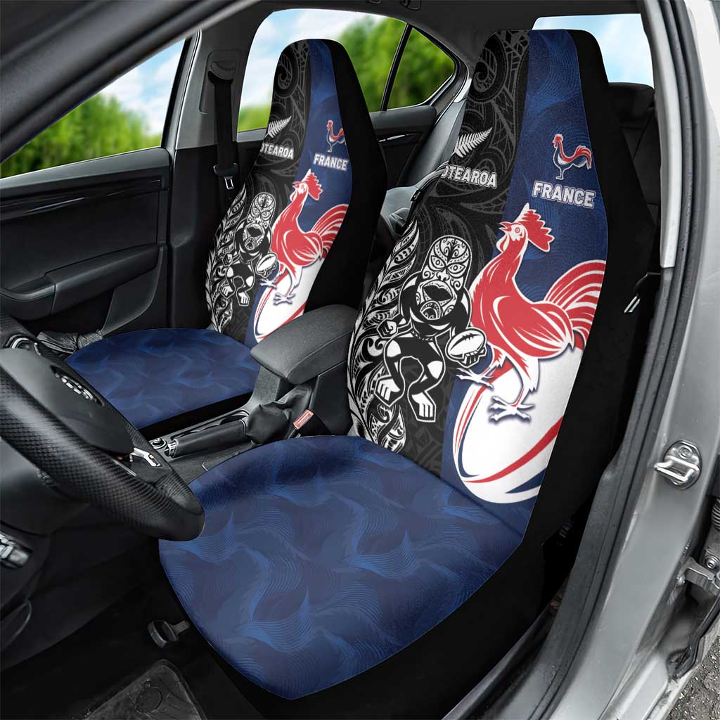 France And New Zealand Rugby Car Seat Cover Les Bleus Rooster With Maori Tiki - Polynesian Pride
