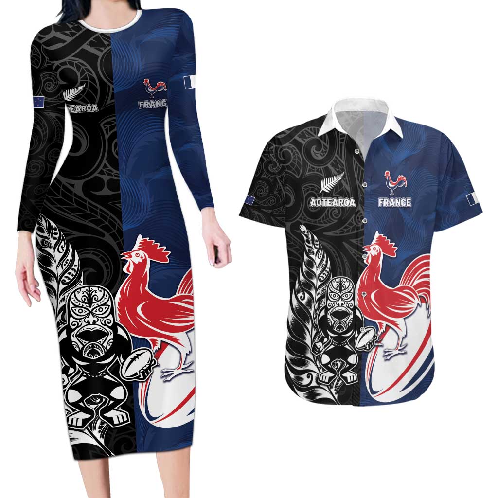 France And New Zealand Rugby Custom Couples Matching Long Sleeve Bodycon Dress and Hawaiian Shirt Les Bleus Rooster With Maori Tiki LT05 Black - Polynesian Pride