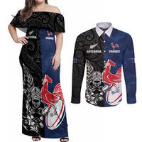 France And New Zealand Rugby Custom Couples Matching Off Shoulder Maxi Dress and Long Sleeve Button Shirt Les Bleus Rooster With Maori Tiki - Polynesian Pride