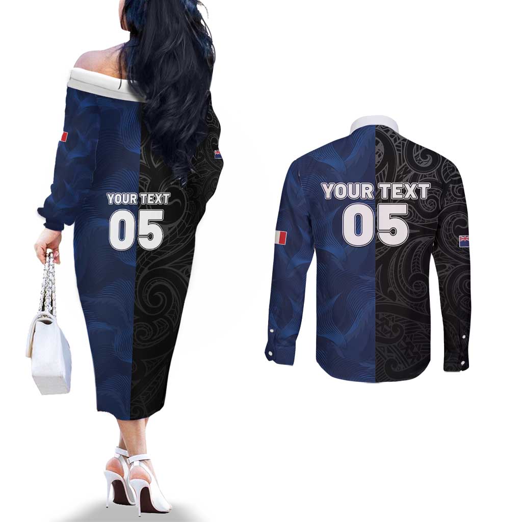 France And New Zealand Rugby Custom Couples Matching Off The Shoulder Long Sleeve Dress and Long Sleeve Button Shirt Les Bleus Rooster With Maori Tiki - Polynesian Pride