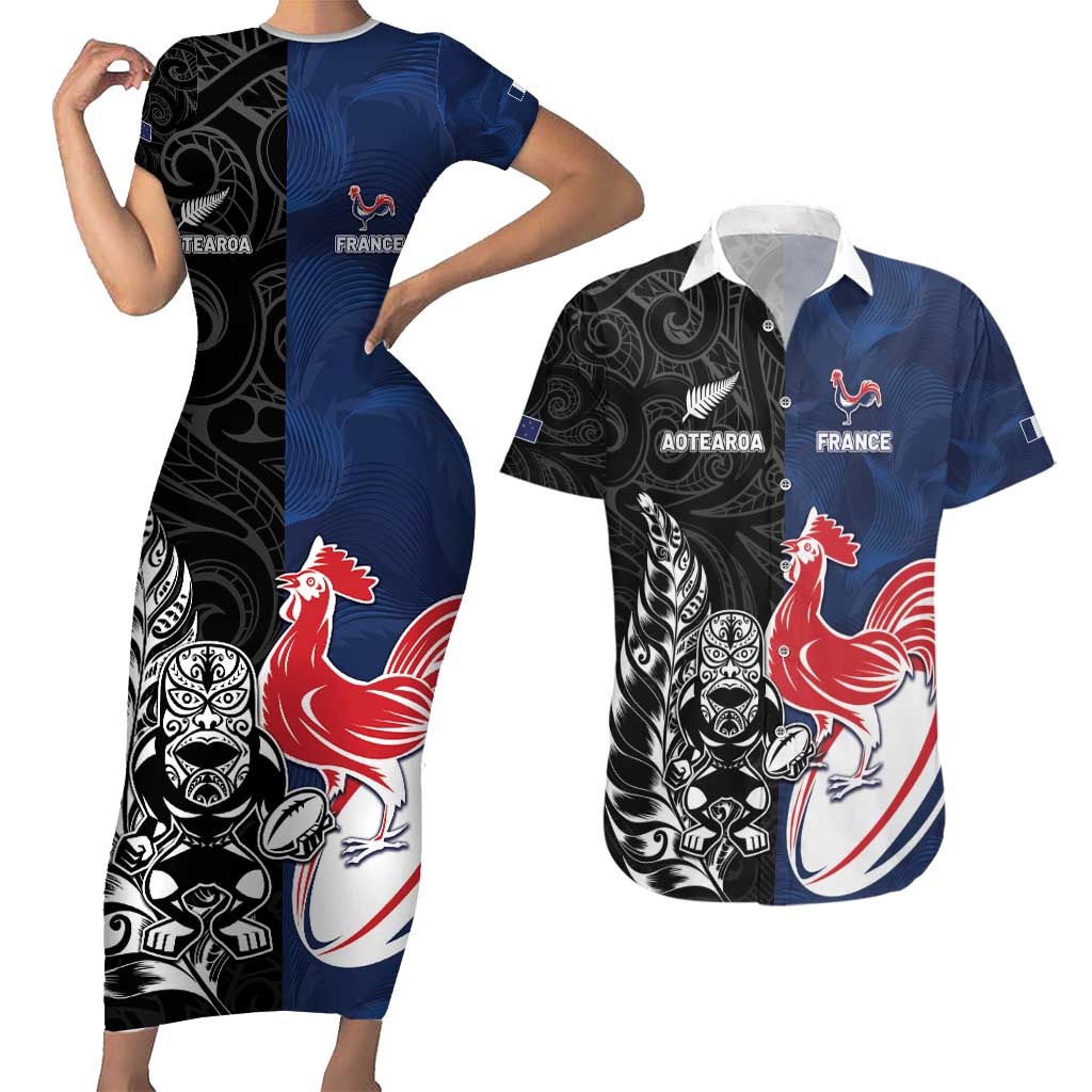 France And New Zealand Rugby Custom Couples Matching Short Sleeve Bodycon Dress and Hawaiian Shirt Les Bleus Rooster With Maori Tiki - Polynesian Pride
