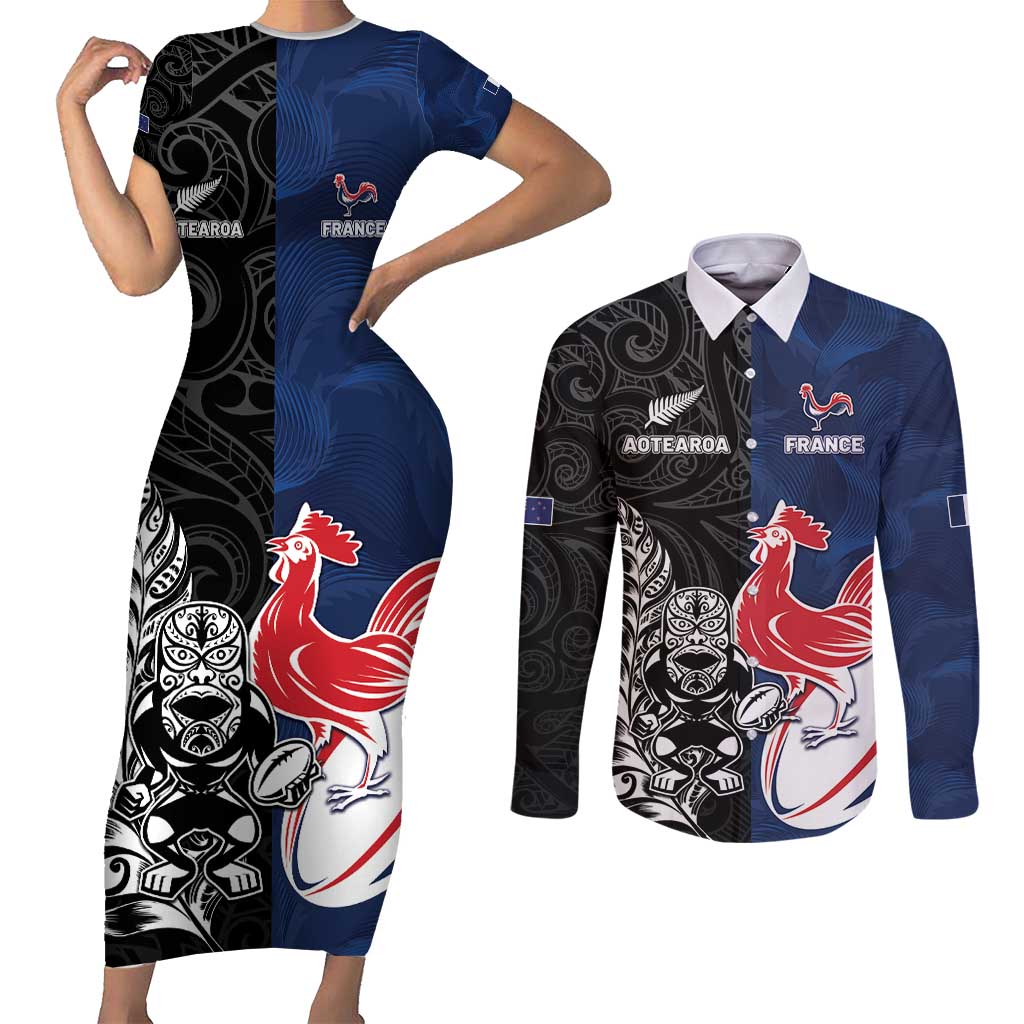 France And New Zealand Rugby Custom Couples Matching Short Sleeve Bodycon Dress and Long Sleeve Button Shirt Les Bleus Rooster With Maori Tiki - Polynesian Pride