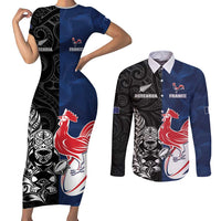 France And New Zealand Rugby Custom Couples Matching Short Sleeve Bodycon Dress and Long Sleeve Button Shirt Les Bleus Rooster With Maori Tiki - Polynesian Pride