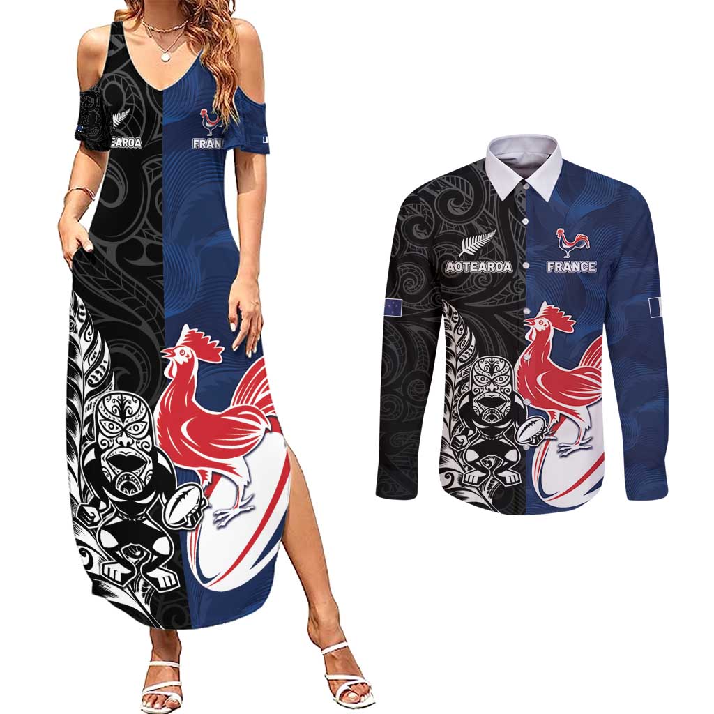 France And New Zealand Rugby Custom Couples Matching Summer Maxi Dress and Long Sleeve Button Shirt Les Bleus Rooster With Maori Tiki - Polynesian Pride