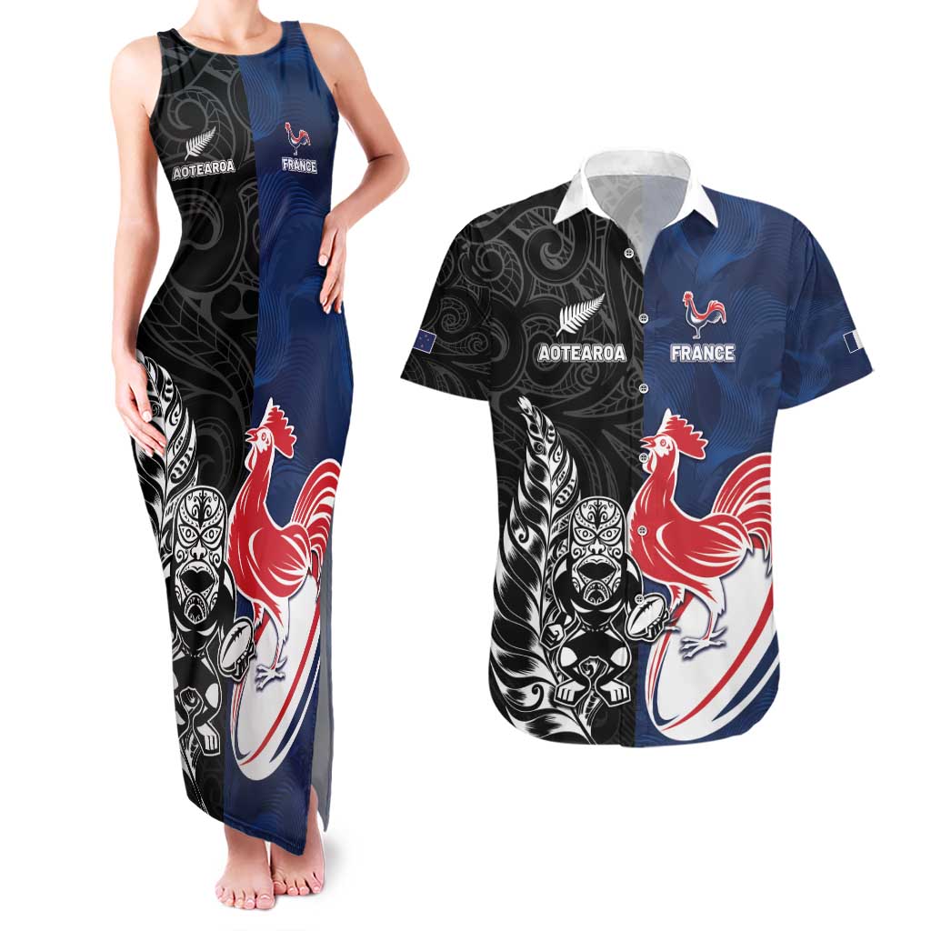 France And New Zealand Rugby Custom Couples Matching Tank Maxi Dress and Hawaiian Shirt Les Bleus Rooster With Maori Tiki LT05 Black - Polynesian Pride