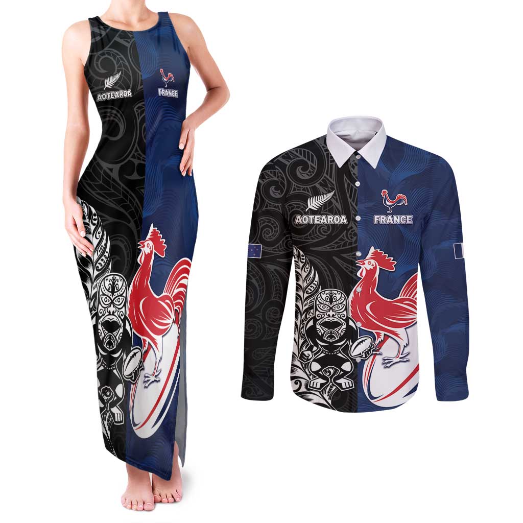 France And New Zealand Rugby Custom Couples Matching Tank Maxi Dress and Long Sleeve Button Shirt Les Bleus Rooster With Maori Tiki - Polynesian Pride