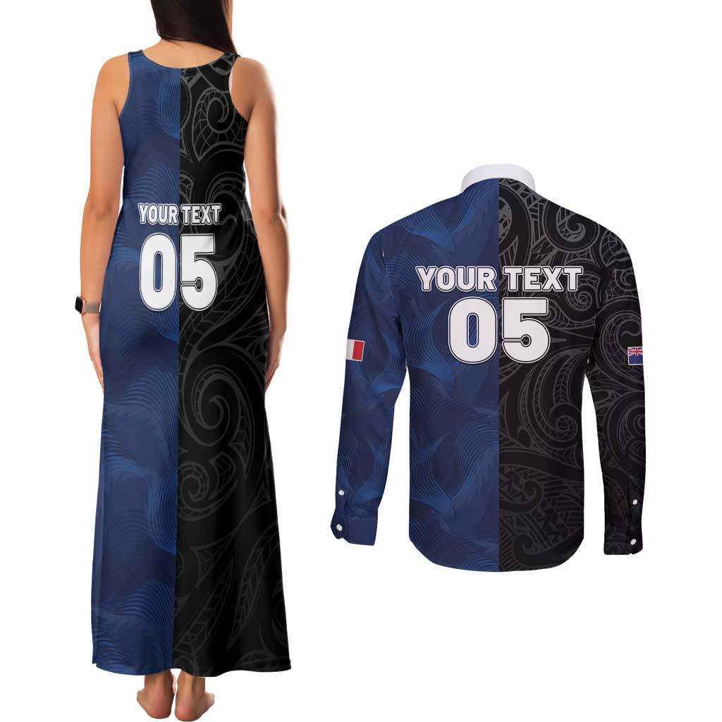 France And New Zealand Rugby Custom Couples Matching Tank Maxi Dress and Long Sleeve Button Shirt Les Bleus Rooster With Maori Tiki - Polynesian Pride