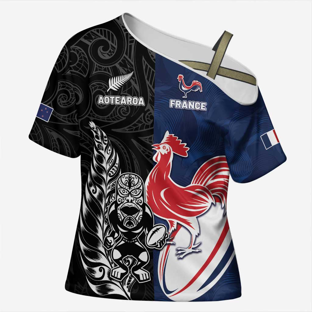 France And New Zealand Rugby Custom Cross Shoulder Shirt Les Bleus Rooster With Maori Tiki - Polynesian Pride