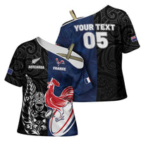 France And New Zealand Rugby Custom Cross Shoulder Shirt Les Bleus Rooster With Maori Tiki - Polynesian Pride