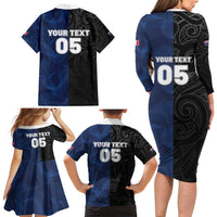 France And New Zealand Rugby Custom Family Matching Long Sleeve Bodycon Dress and Hawaiian Shirt Les Bleus Rooster With Maori Tiki - Polynesian Pride