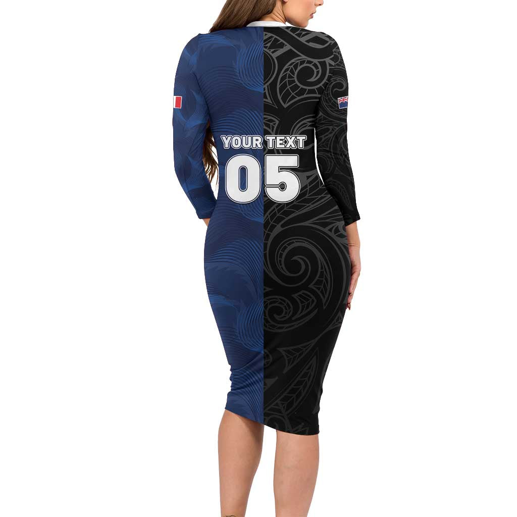 France And New Zealand Rugby Custom Family Matching Long Sleeve Bodycon Dress and Hawaiian Shirt Les Bleus Rooster With Maori Tiki - Polynesian Pride