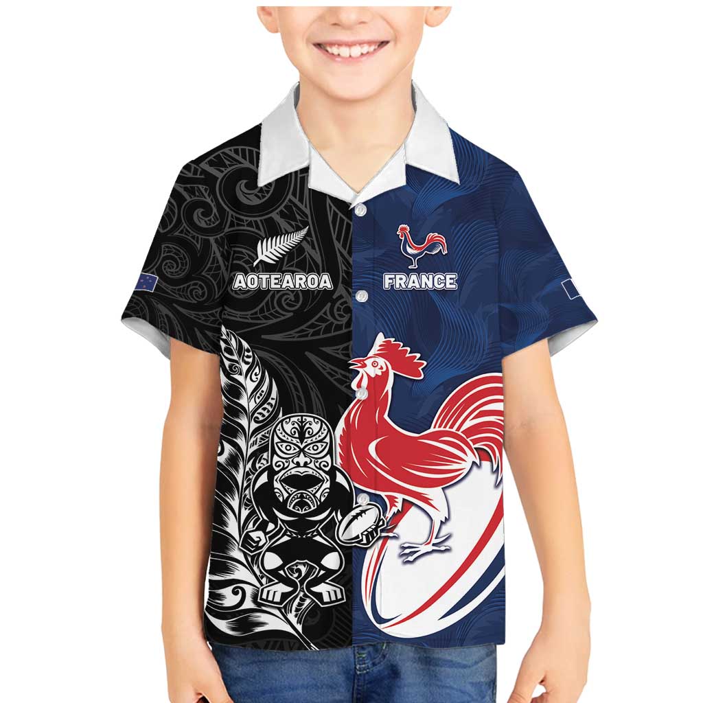 France And New Zealand Rugby Custom Family Matching Mermaid Dress and Hawaiian Shirt Les Bleus Rooster With Maori Tiki - Polynesian Pride