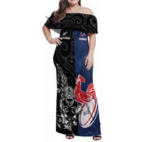 France And New Zealand Rugby Custom Family Matching Off Shoulder Maxi Dress and Hawaiian Shirt Les Bleus Rooster With Maori Tiki - Polynesian Pride