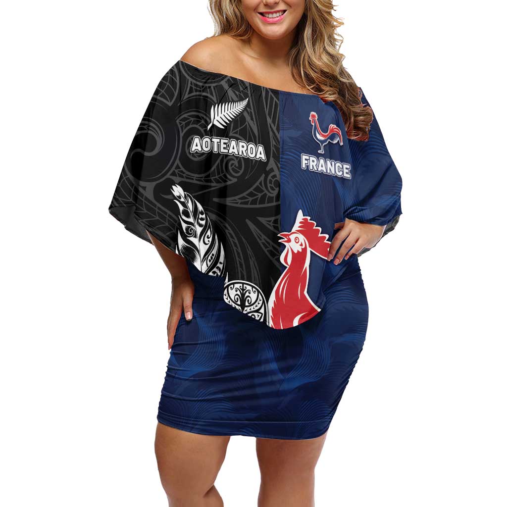 France And New Zealand Rugby Custom Family Matching Off Shoulder Short Dress and Hawaiian Shirt Les Bleus Rooster With Maori Tiki - Polynesian Pride