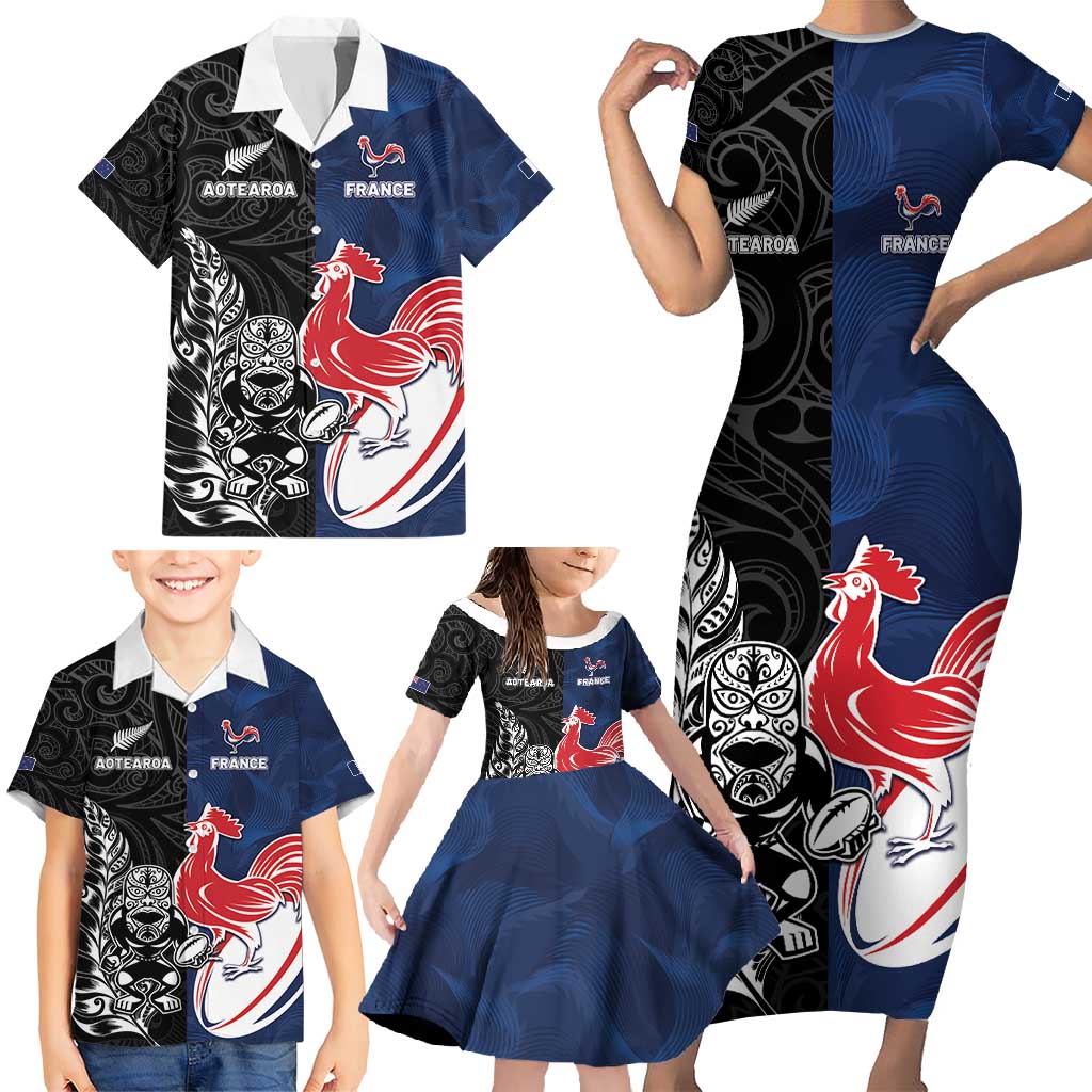 France And New Zealand Rugby Custom Family Matching Short Sleeve Bodycon Dress and Hawaiian Shirt Les Bleus Rooster With Maori Tiki - Polynesian Pride
