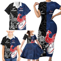 France And New Zealand Rugby Custom Family Matching Short Sleeve Bodycon Dress and Hawaiian Shirt Les Bleus Rooster With Maori Tiki - Polynesian Pride