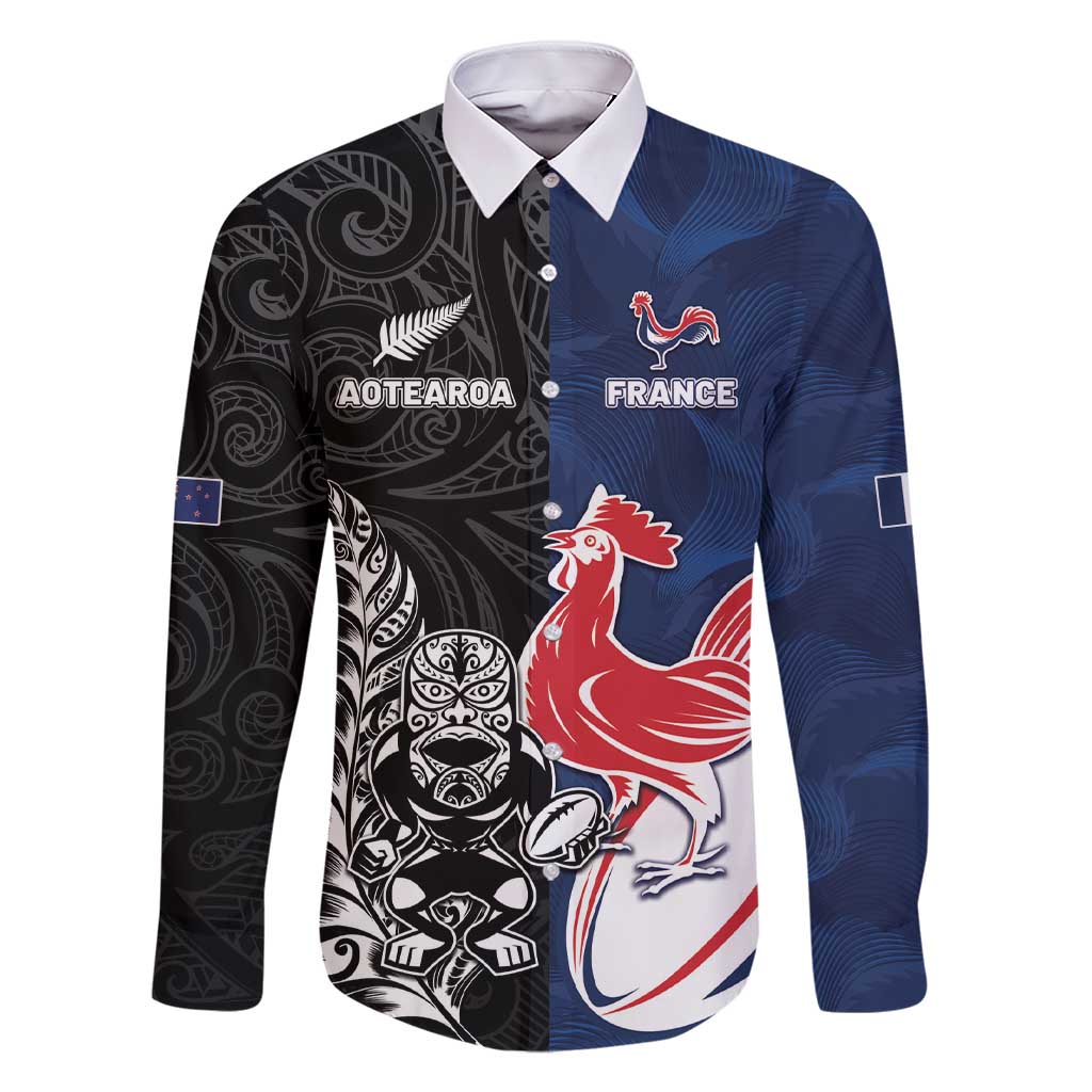 France And New Zealand Rugby Custom Family Matching Short Sleeve Bodycon Dress and Hawaiian Shirt Les Bleus Rooster With Maori Tiki - Polynesian Pride