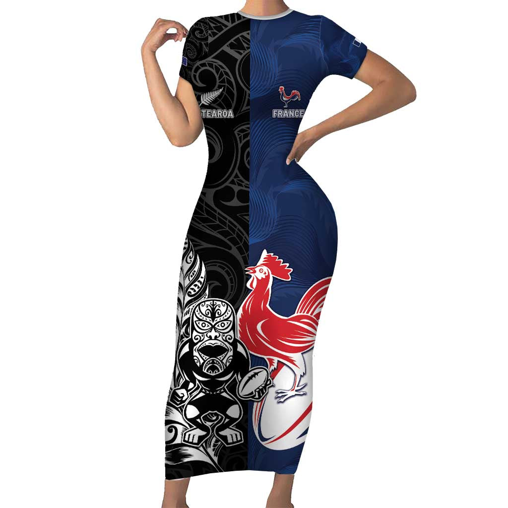 France And New Zealand Rugby Custom Family Matching Short Sleeve Bodycon Dress and Hawaiian Shirt Les Bleus Rooster With Maori Tiki - Polynesian Pride