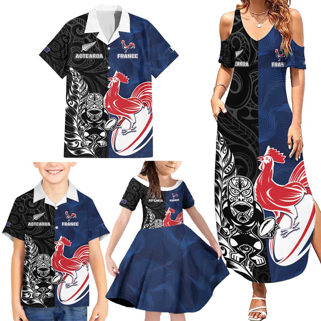 France And New Zealand Rugby Custom Family Matching Summer Maxi Dress and Hawaiian Shirt Les Bleus Rooster With Maori Tiki - Polynesian Pride