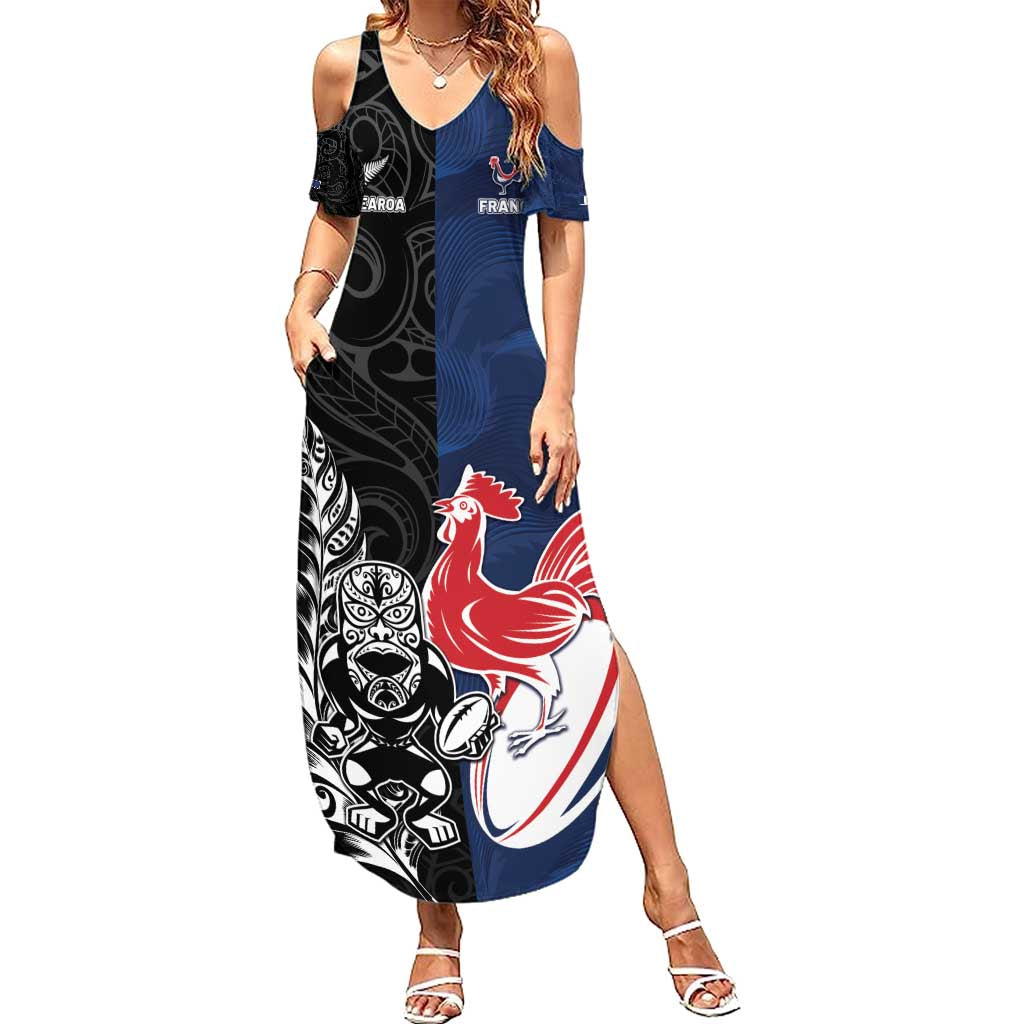 France And New Zealand Rugby Custom Family Matching Summer Maxi Dress and Hawaiian Shirt Les Bleus Rooster With Maori Tiki - Polynesian Pride
