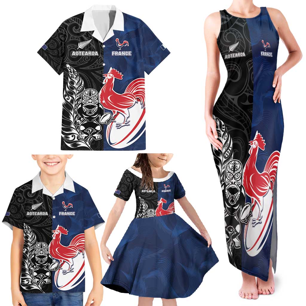 France And New Zealand Rugby Custom Family Matching Tank Maxi Dress and Hawaiian Shirt Les Bleus Rooster With Maori Tiki - Polynesian Pride