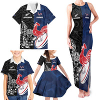 France And New Zealand Rugby Custom Family Matching Tank Maxi Dress and Hawaiian Shirt Les Bleus Rooster With Maori Tiki - Polynesian Pride