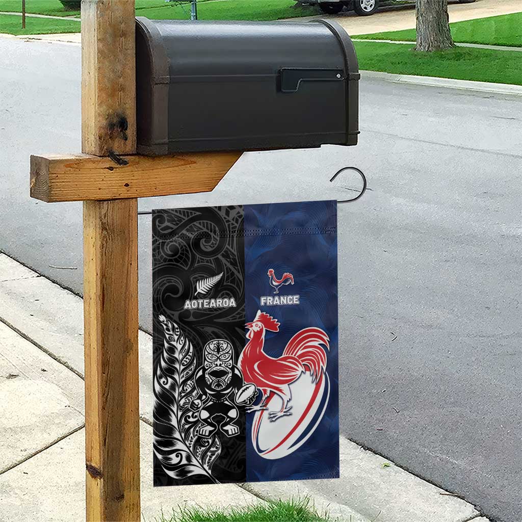 France And New Zealand Rugby Garden Flag Les Bleus Rooster With Maori Tiki - Polynesian Pride