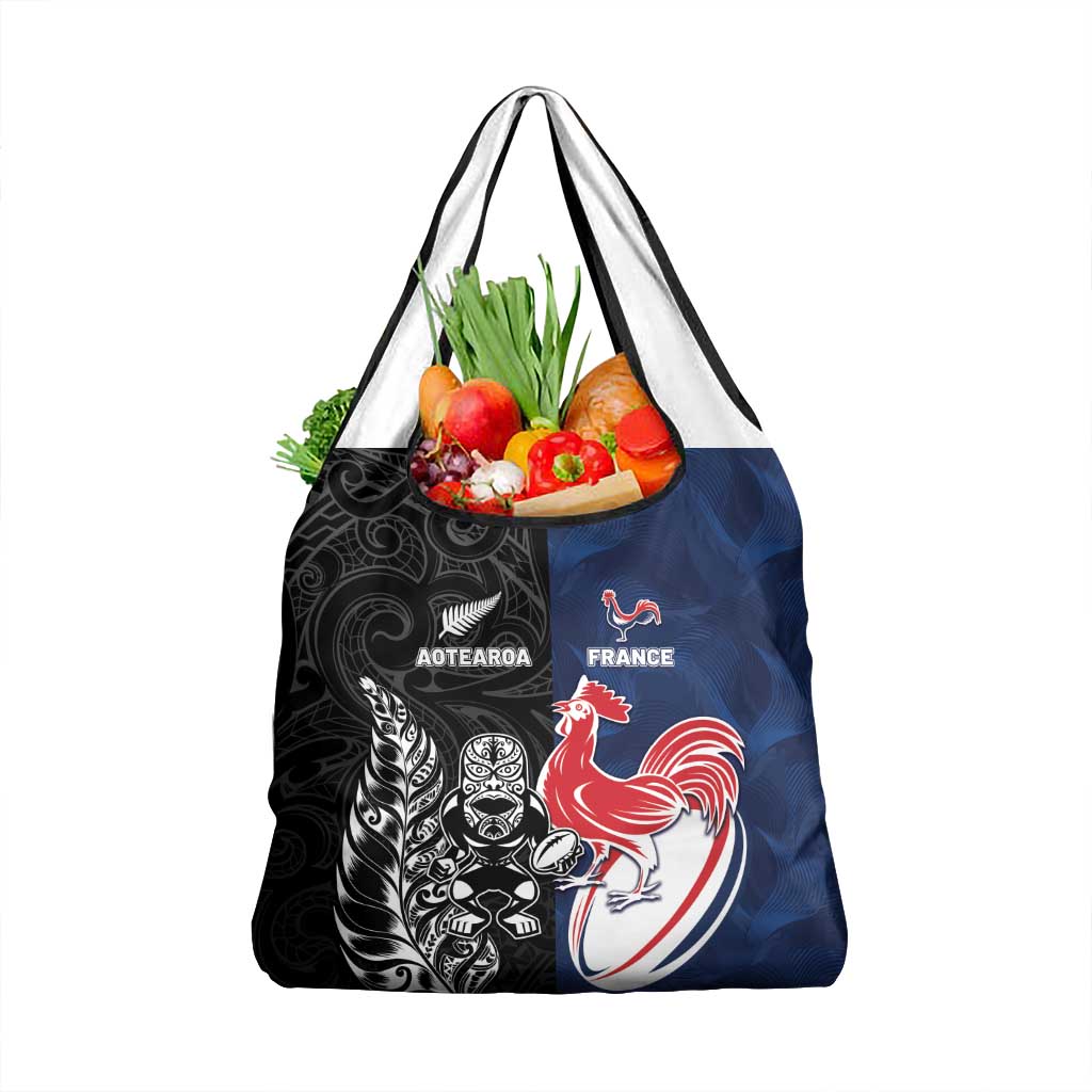 France And New Zealand Rugby Grocery Bag Les Bleus Rooster With Maori Tiki LT05 1-pack One Size Black - Polynesian Pride