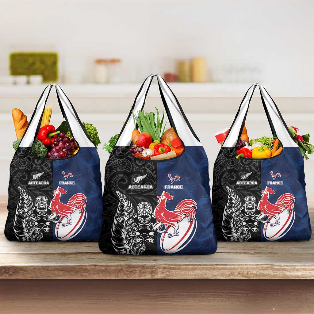 France And New Zealand Rugby Grocery Bag Les Bleus Rooster With Maori Tiki - Polynesian Pride
