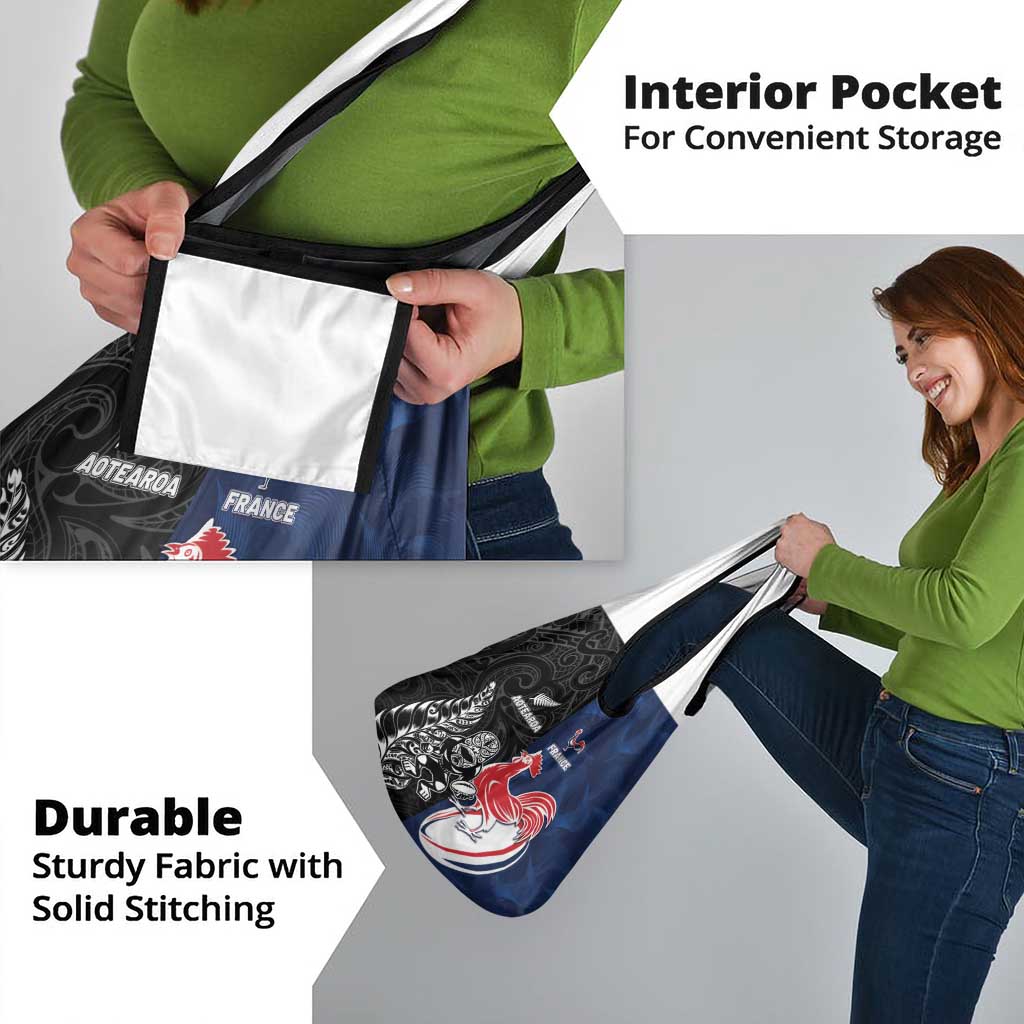 France And New Zealand Rugby Grocery Bag Les Bleus Rooster With Maori Tiki - Polynesian Pride