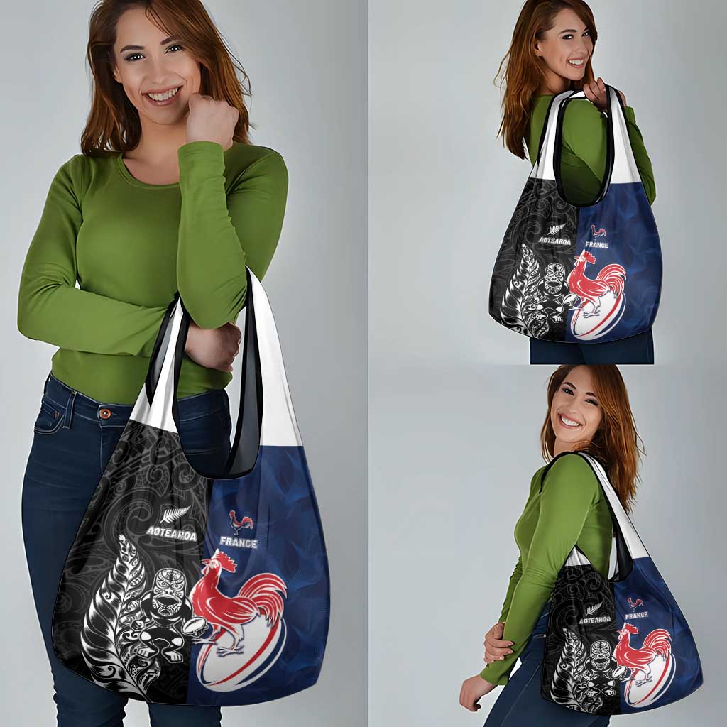France And New Zealand Rugby Grocery Bag Les Bleus Rooster With Maori Tiki - Polynesian Pride