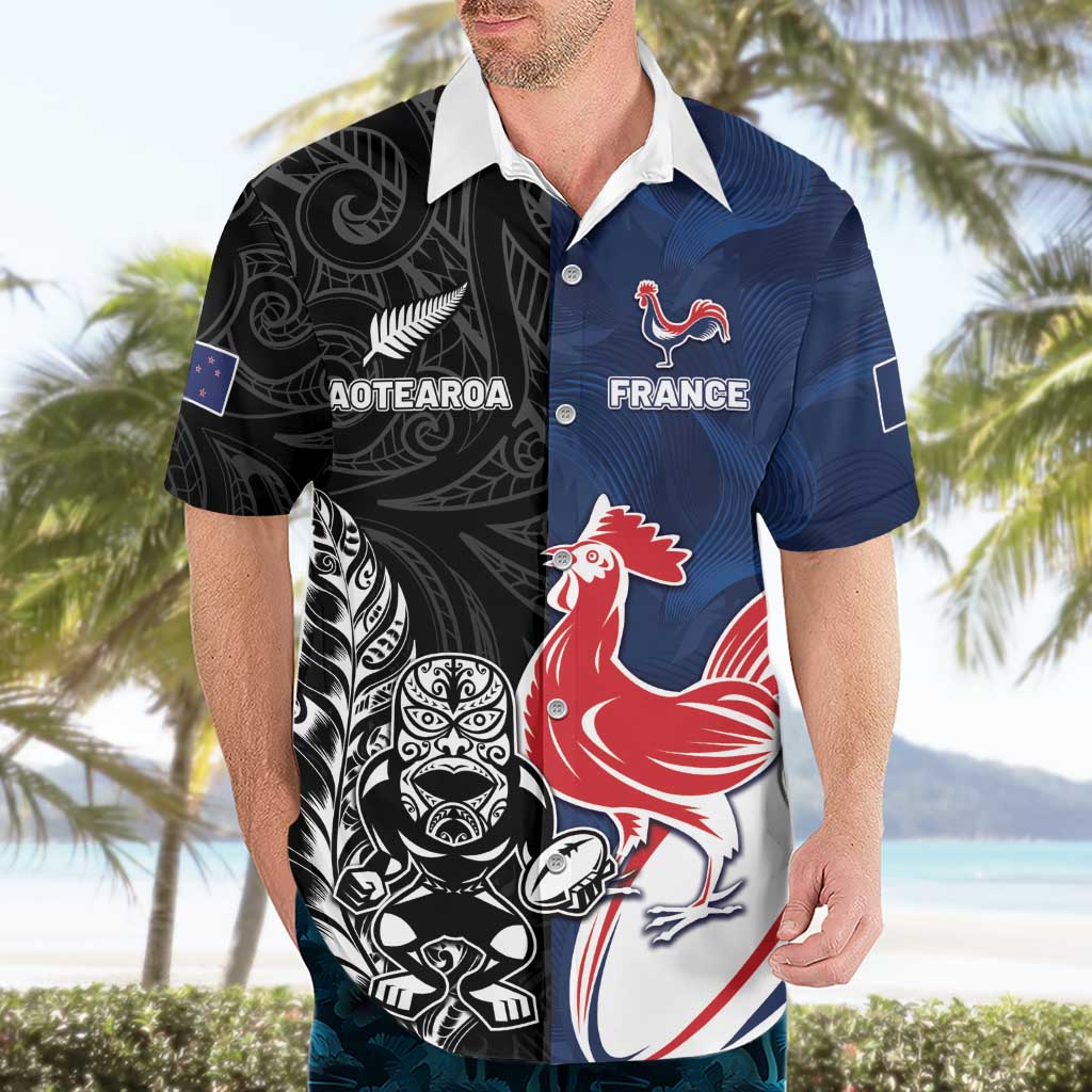 France And New Zealand Rugby Custom Hawaiian Shirt Les Bleus Rooster With Maori Tiki - Polynesian Pride