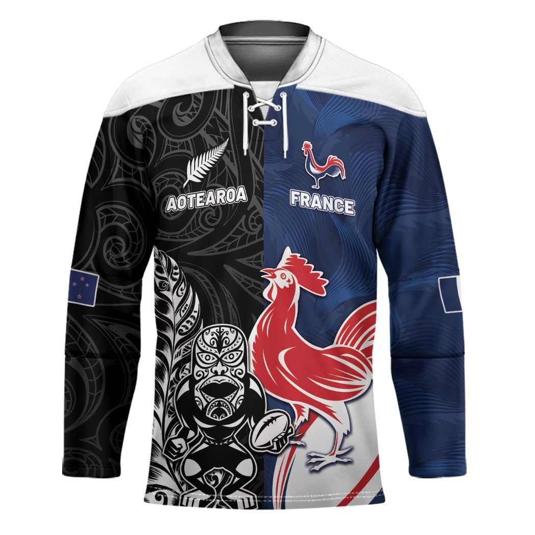France And New Zealand Rugby Custom Hockey Jersey Les Bleus Rooster With Maori Tiki LT05 Unisex Black - Polynesian Pride
