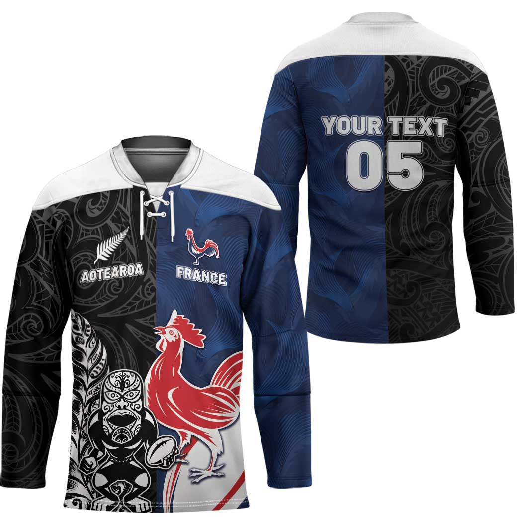 France And New Zealand Rugby Custom Hockey Jersey Les Bleus Rooster With Maori Tiki - Polynesian Pride