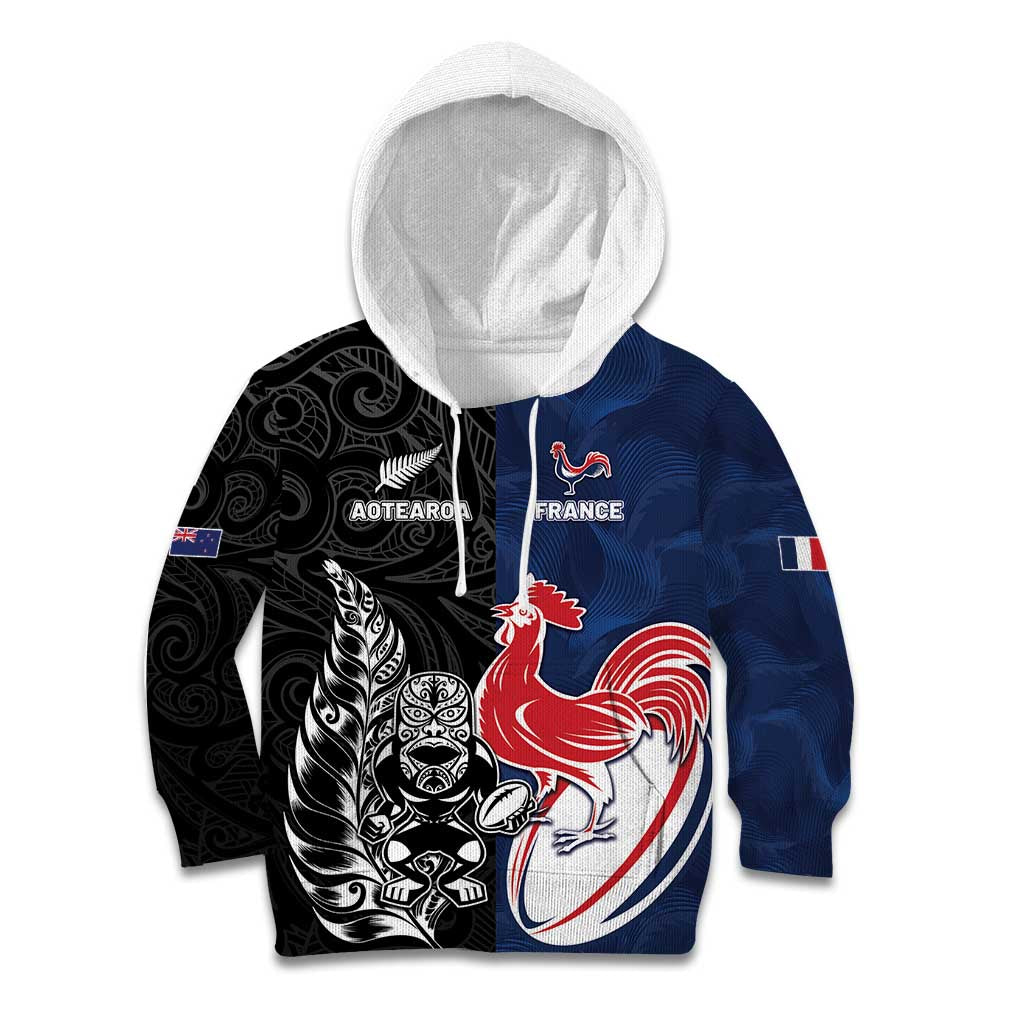 France And New Zealand Rugby Custom Kid Hoodie Les Bleus Rooster With Maori Tiki - Polynesian Pride