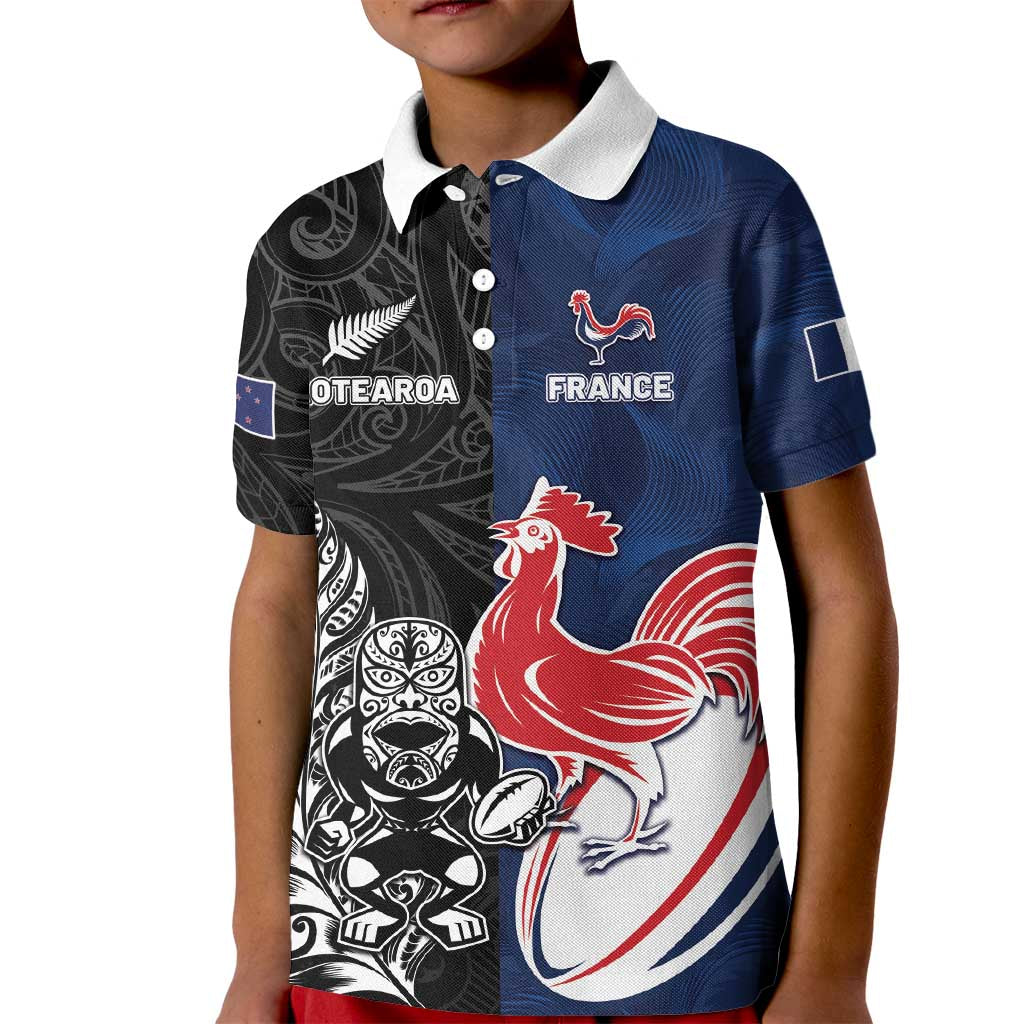 France And New Zealand Rugby Custom Kid Polo Shirt Les Bleus Rooster With Maori Tiki - Polynesian Pride