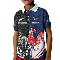 France And New Zealand Rugby Custom Kid Polo Shirt Les Bleus Rooster With Maori Tiki - Polynesian Pride