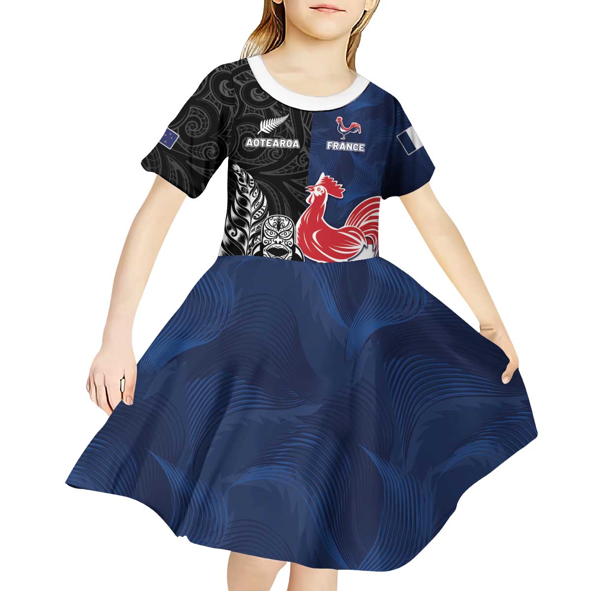 France And New Zealand Rugby Custom Kid Short Sleeve Dress Les Bleus Rooster With Maori Tiki - Polynesian Pride