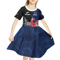 France And New Zealand Rugby Custom Kid Short Sleeve Dress Les Bleus Rooster With Maori Tiki - Polynesian Pride