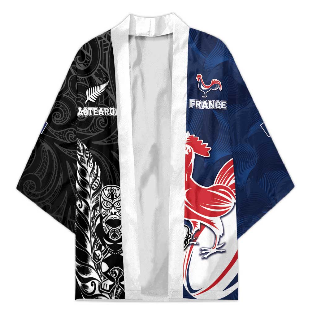 France And New Zealand Rugby Custom Kimono Les Bleus Rooster With Maori Tiki - Polynesian Pride