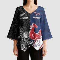 France And New Zealand Rugby Custom Kimono Sleeve Blouse Les Bleus Rooster With Maori Tiki - Polynesian Pride
