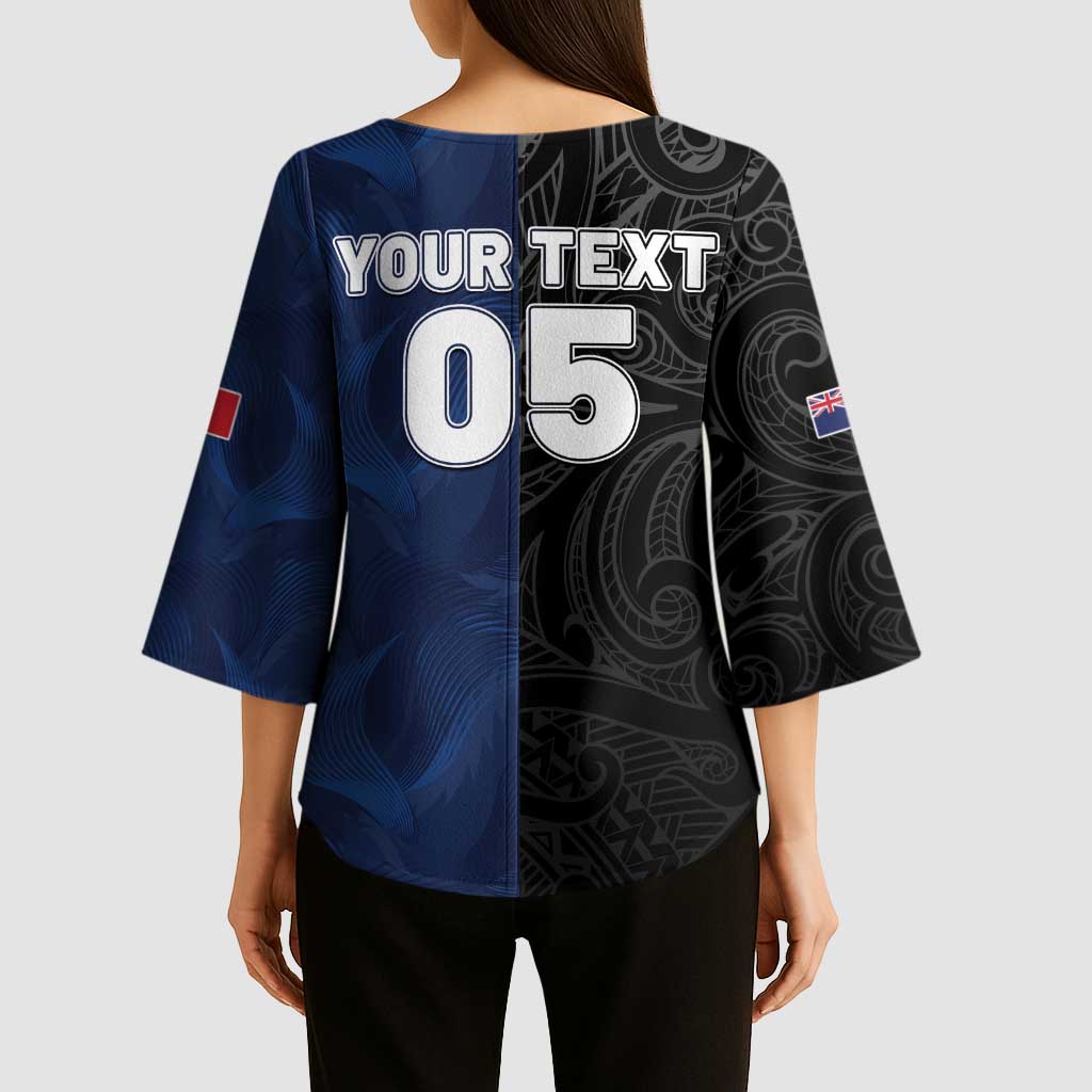 France And New Zealand Rugby Custom Kimono Sleeve Blouse Les Bleus Rooster With Maori Tiki - Polynesian Pride